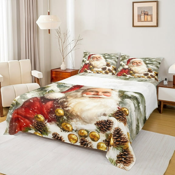 Manfei 3D Santa Claus Twin Sheet Sets, Dreamy Christmas Twin Fitted Sheet, Teens Kids Boys Girls Flat Sheet, Luxury Bedroom Decor, 3-Piece