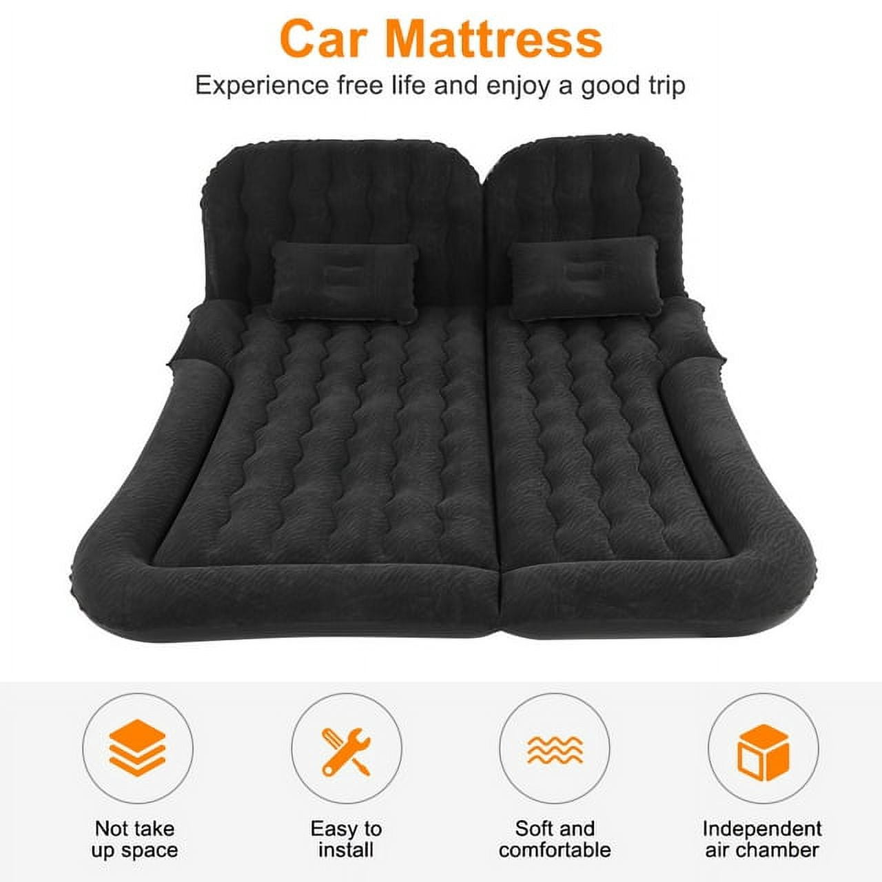 OTVIAP Car Mattress With Pump, 126cm Portable Travel Camping Inflatable Air Mattress With 2 Pillows Full Size For Travel Home Outdoor Camping, Extended Back Seat Airbed For Truck, RV (Black)