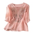 thumbnail image 2 of Boho Linen Tops for Women 3/4 Sleeve Embroidered Crew Neck Blouses Trendy Summer Casual Tops Pullover Shirts by Yigetop Pink 4XL, 2 of 6