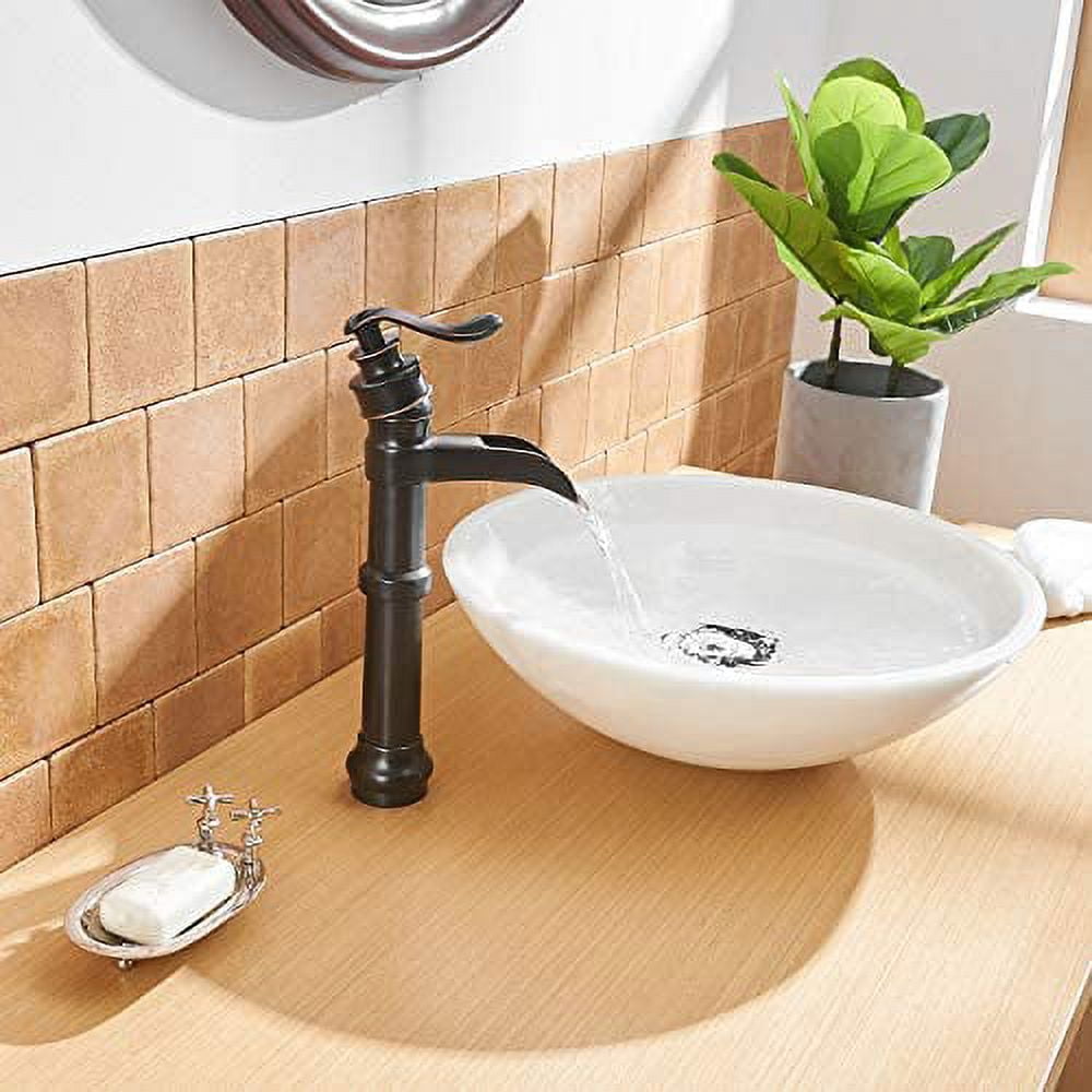 Oil Rubbed Bronze Vessel Sink Faucet Waterfall with Pop Up Drain Assembly and Single-Handle Hole Supply Hose Lead-Free Vanity Lavatory Bathroom Faucet Mixer Tap