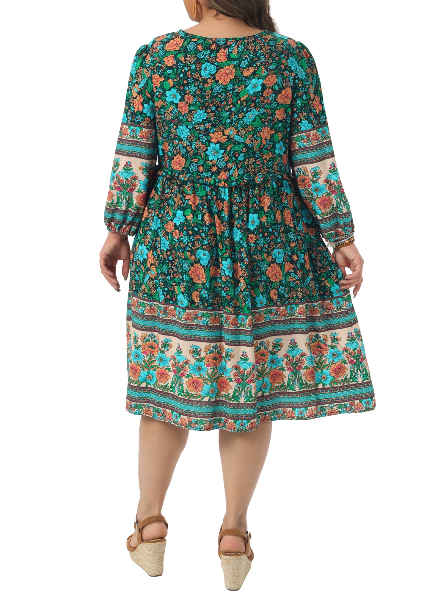 DARING DIVA Women's Plus Size Casual Boho Floral V Neck 3/4 Sleeve Dress 2X Dark Green