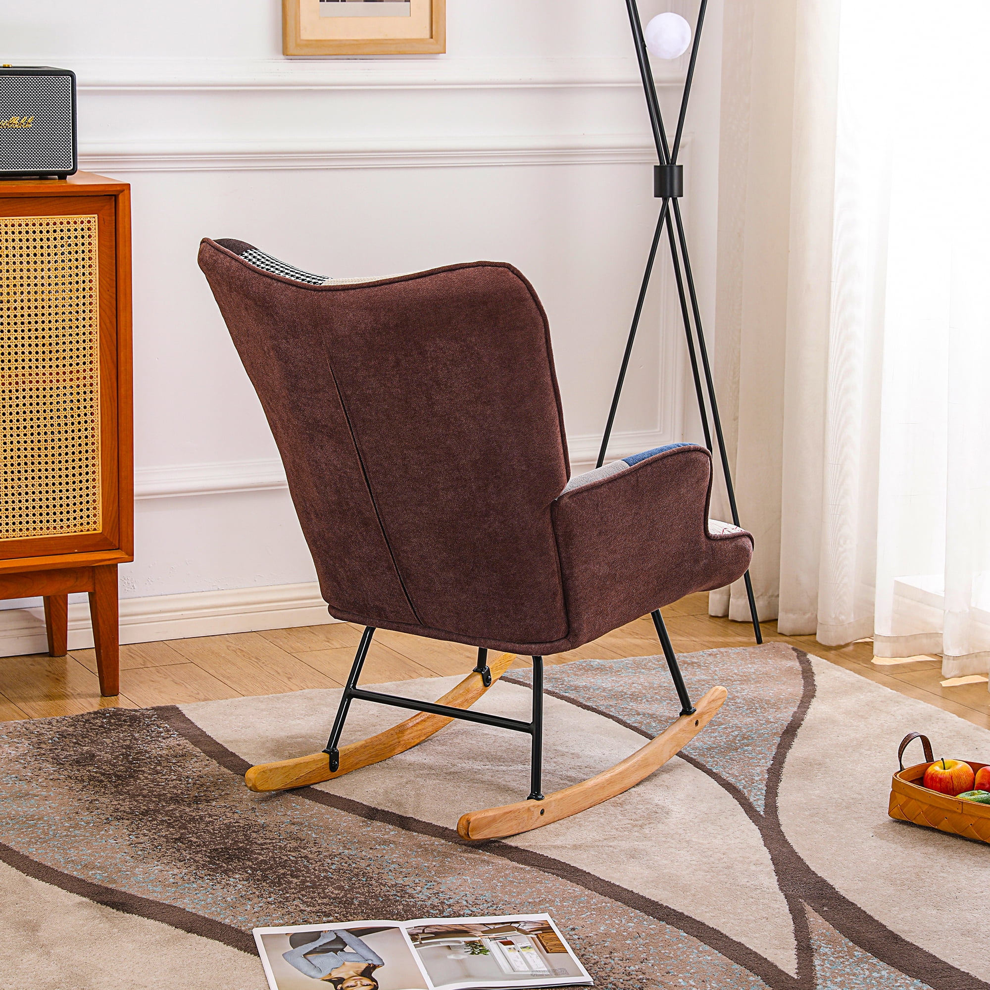 Rocking Chair, Tufted Upholstered Rocking Chair for Nursery, Comfy Wingback Glider Rocker with Safe Solid Wood Base for Living Room Bedroom Balcony