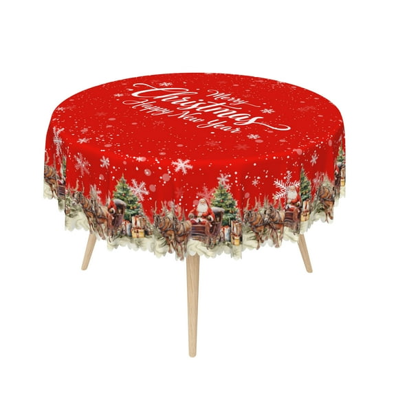 Nanqianyi Red Christmas Tablecloth Round 70'' Winter Santa Claus Elk Printed Washable Table Cover for Kitchen Dining