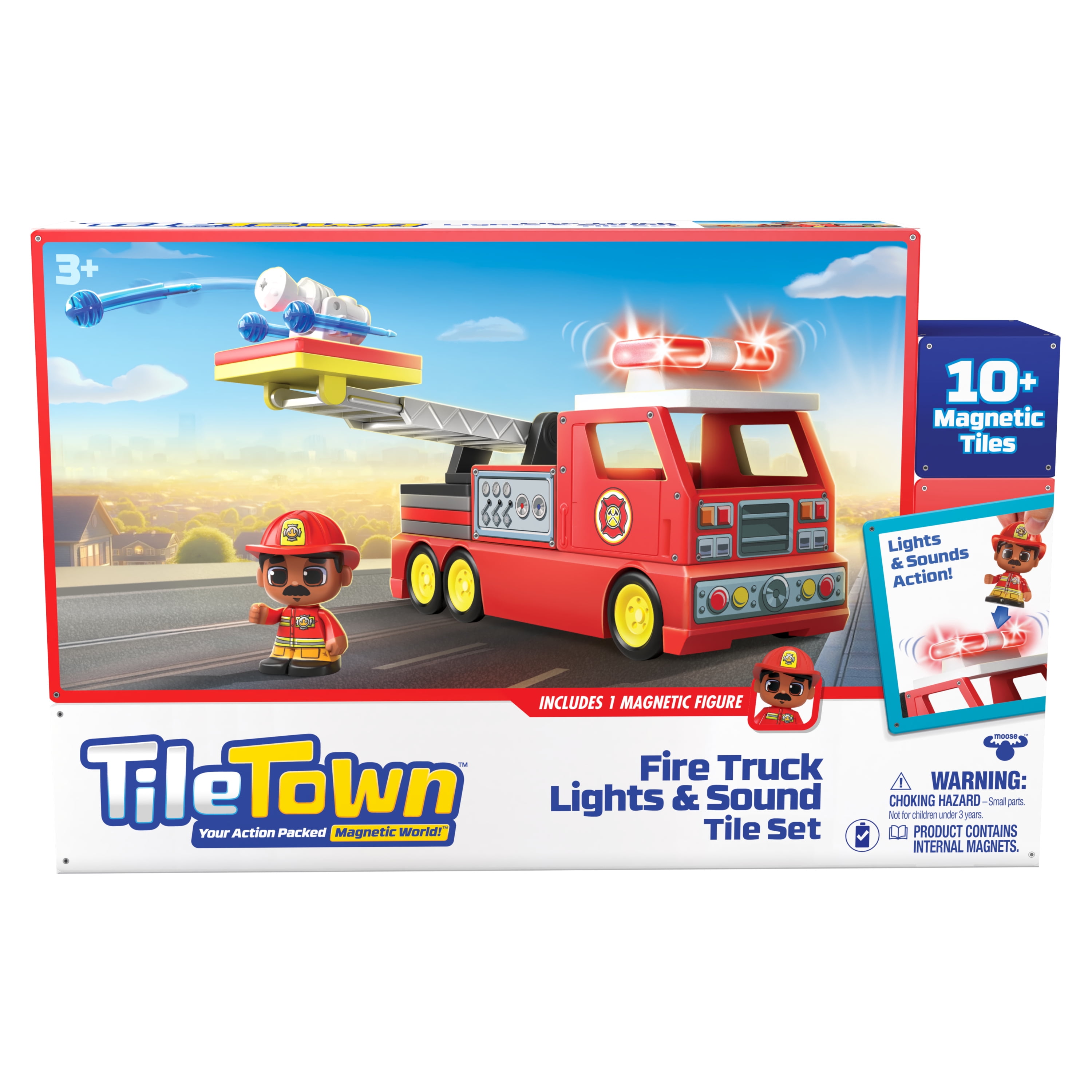 Tile Town Firetruck Magnetic Tiles Building Vehicle Playset With Lights & Sounds + Figure, Kids 3+
