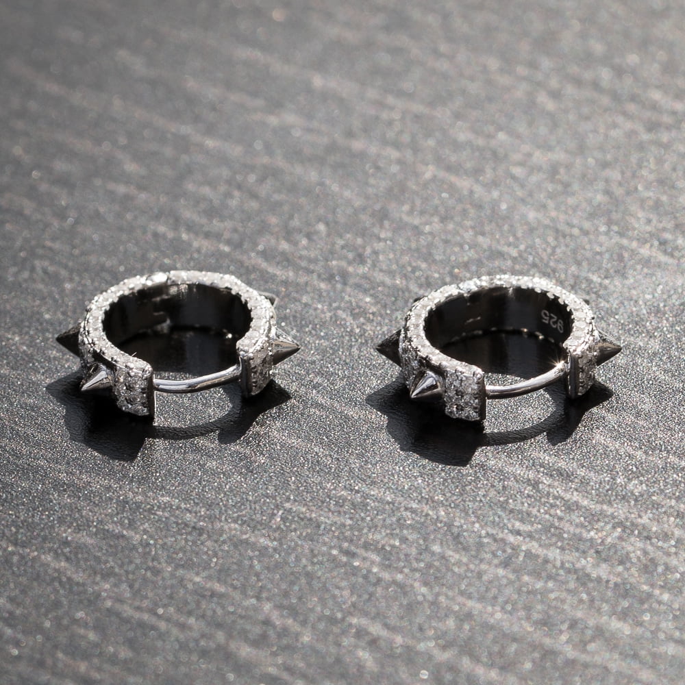 Iced Spike White Gold Plated 925 Sterling Silver Post Huggie  Punk Style Small Thorn Hoop Earrings for Men Women  Hoops Earrings