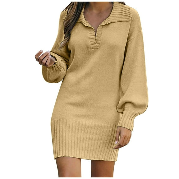 MaFYtyTPR Women's Sweater Medium Length Solid Color Skirt With Lapel Lantern Sleeves Knitted Casual Long Skirts Beige L