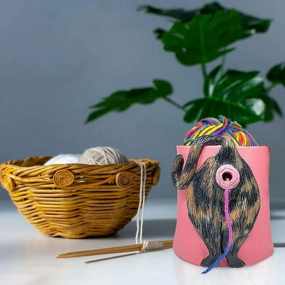 Resin Cat Yarn Bowl Hand Knitting Yarn Storage Container with Hole Crochet Wool Yarn Thread Craft Organizer Supplies
