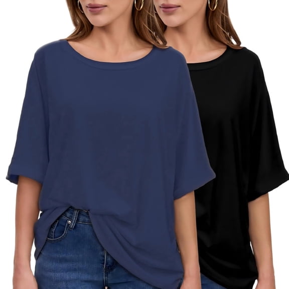 Women's Basic Casual 2 Pack Summer T Shirts Oversized Loose Short Sleeve Tee Tops Black/Heather dark blue