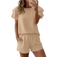 thumbnail image 4 of Summer 2 Piece Sets for Women Plus Size Going out Solid Color Slim Round Neck Short Sleeved Shorts Set, 4 of 5