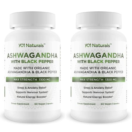 YO1 Naturals Ashwagandha 1300mg with Black Pepper - Supports Nervous System, Stress & Anxiety Relief and Natural Energy Booster - Organic, 60 Veggie Capsules Dietary Supplement (2 Pack)