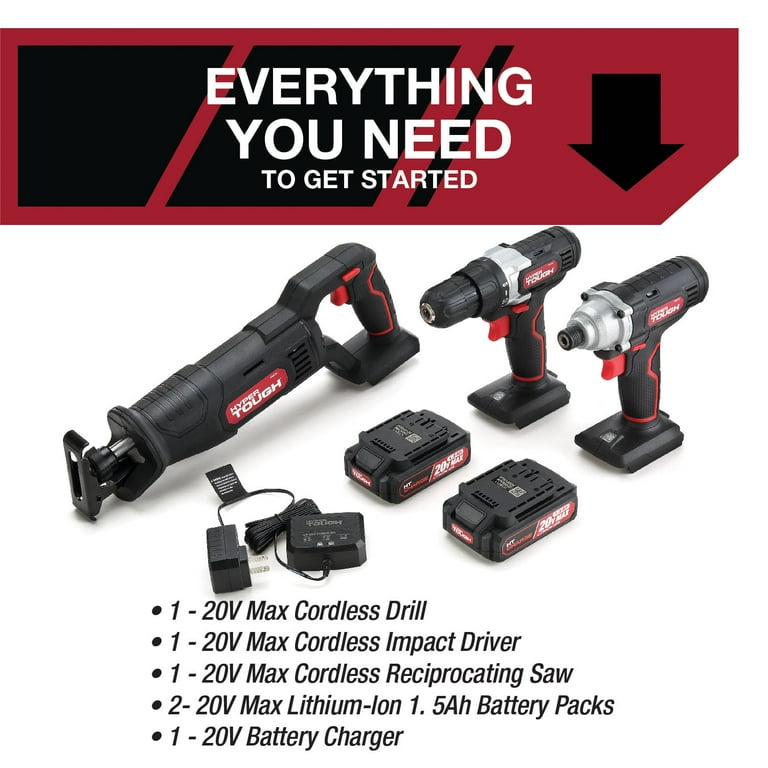 Hyper Tough 20V MAX Lithium-ion 3/8-in. Cordless Drill, 1/4-in. Impact Driver & Reciprocating Saw Combo Kit (3-Tool) with (2)1.5Ah Lithium-ion Batteries, Charger, Wood Blade, Bit Holder & LED Lights Hyper Tough 20V MAX Lithium-ion 3/8-in. Cordless Drill, 1/4-in. Impact Driver & Reciprocating Saw Combo Kit (3-Tool) with (2)1.5Ah Lithium-ion Batteries, Charger, Wood Blade, Bit Holder & LED Lights