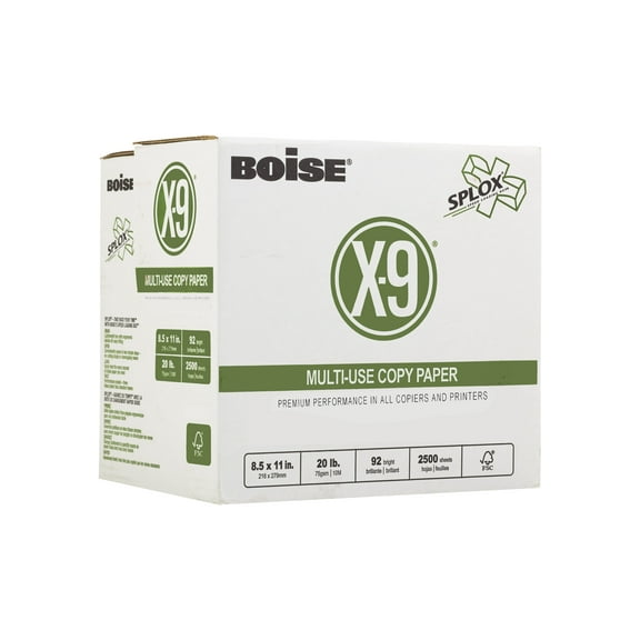 BOISE X-9 Multi-Use Copy Paper, 8.5" x 11" Letter, SPLOX Speed Loading Reamless Easy Carry Box, 92 Bright White, 20 lb. (2,500 Sheets)