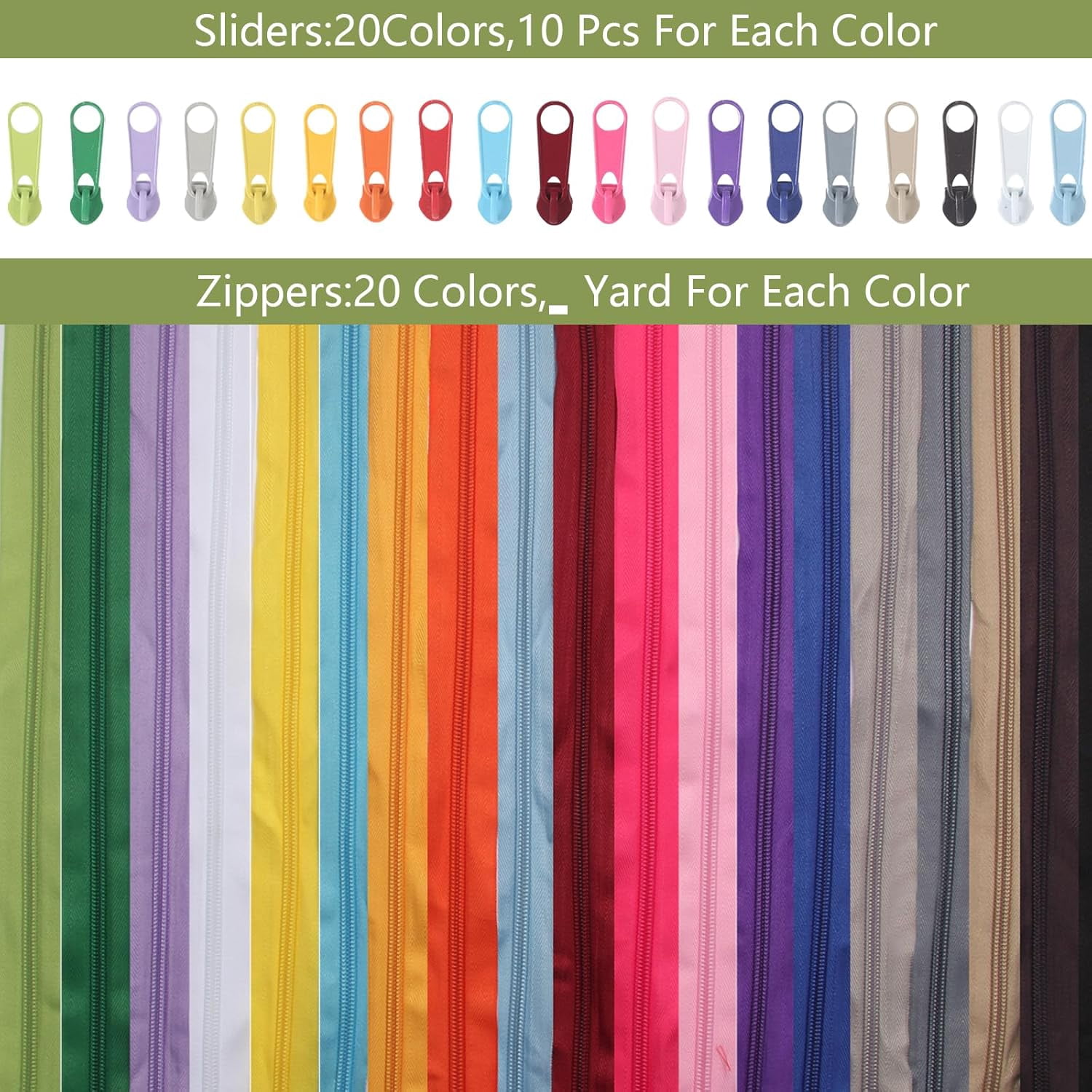 XinBoWen 20-Color Nylon Coil Zippers, 40-Yard Sewing Zipper Kit with 80 Pcs Pull Heads