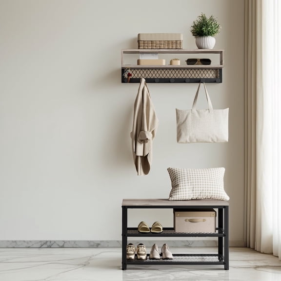 LEDREM Coat Rack and Shoe Bench Set, 5-in-1 Hall Tree with Dot Coat Hooks, 2-Tier Shoe Storage, Entryway Bench Furniture, Heather Greige