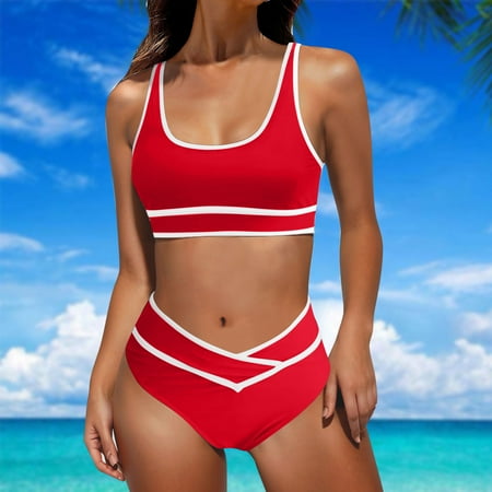 OWMEOT High Waisted Bikini Sets for Women Sporty Two Piece Swimsuits Color Block Cheeky High Cut Bathing Suits with Padded for Summer Vacation