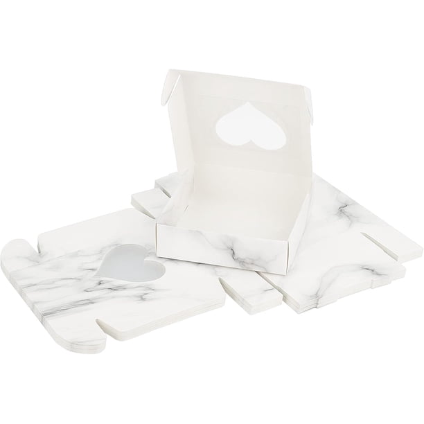 Cajas de regalo blancas de 10 cm (4"), de papel kraft plegado, con textura de mármol y ventana en forma de corazón, para joyería. 18 unidades.