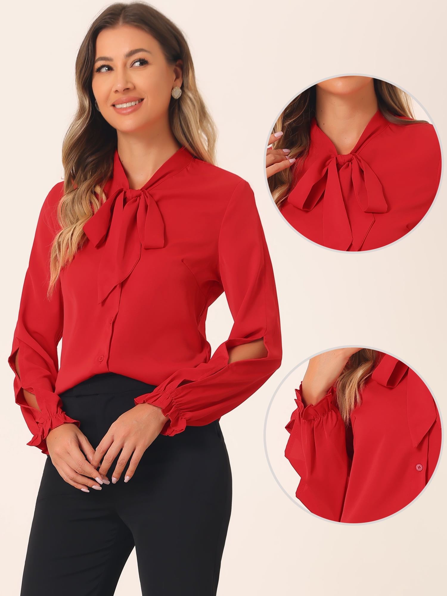 DARING DIVA Women's Elegant Bow Tie Neck Blouse Chiffon Shirt XS Red