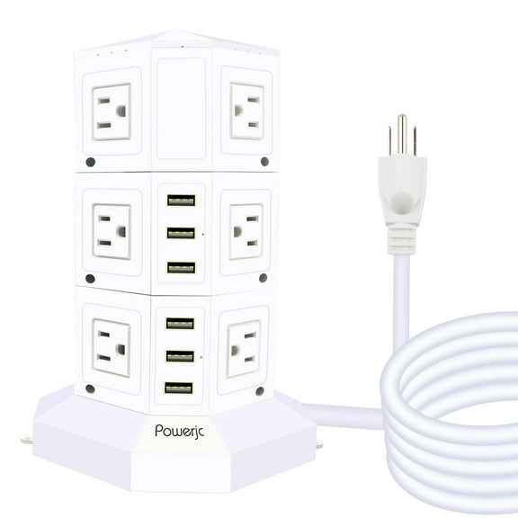 Powerjc Tower Power Strip Surge Protector 12 AC Outlets with 6 Ports USB Chargers 118 Inch Long Extension Cord Indoor White