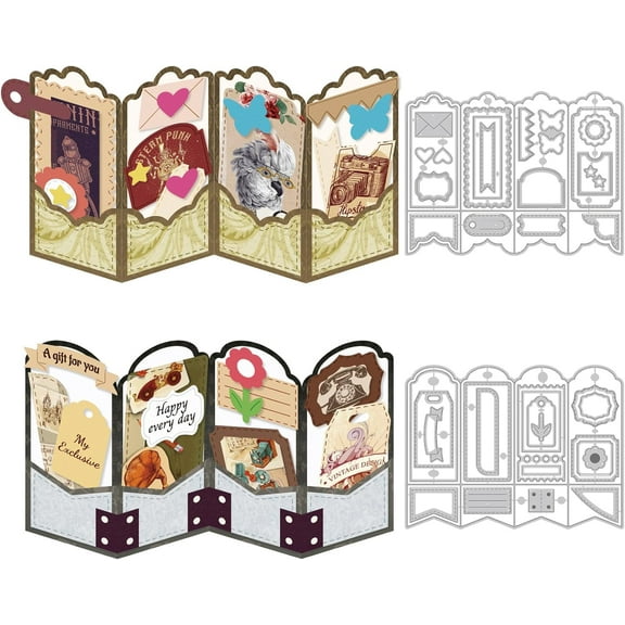 2PCS Folding Greeting Card Cutting Dies Metal Die Cuts forCard Making Label Embossing Template Dies Folding Frame Background Die Cuts Paper Craft DIY Template