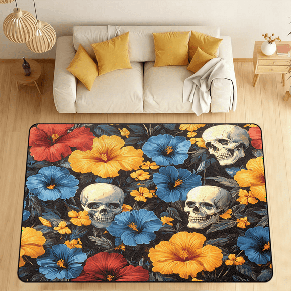 CURLYOOT Skull Floral Area Rugs for Living Room Bedroom, 4' 10" x 6' 8" Washable Rug, Halloween Floor Carpet with Non Slip Backing for Dining Room Indoor