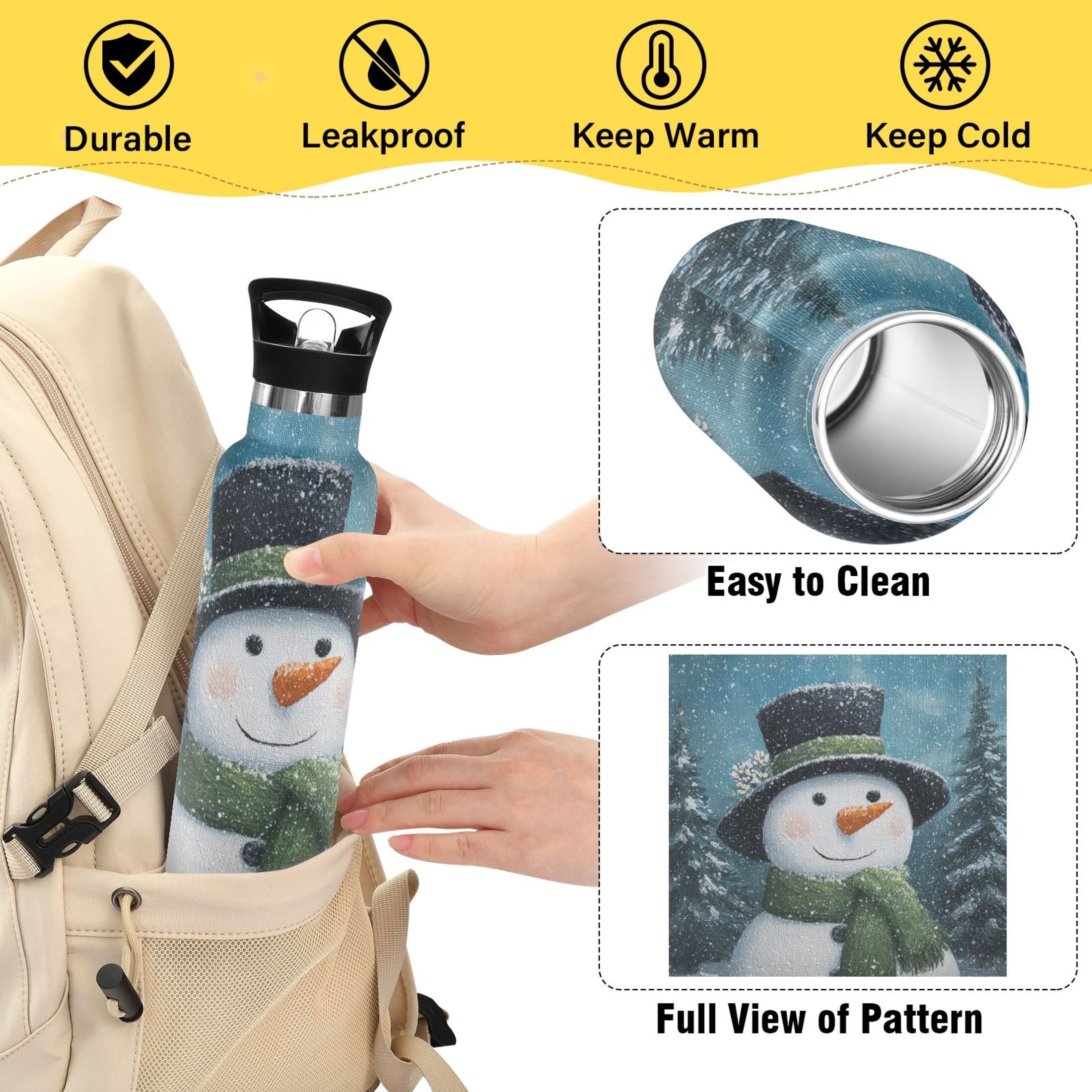 600ML Stainless Steel Insulated Cup Sports Water Bottle Portable Thermos Cup Water Glasses Insulated Tumblers Convenient and Durable Green Christmas Snowman