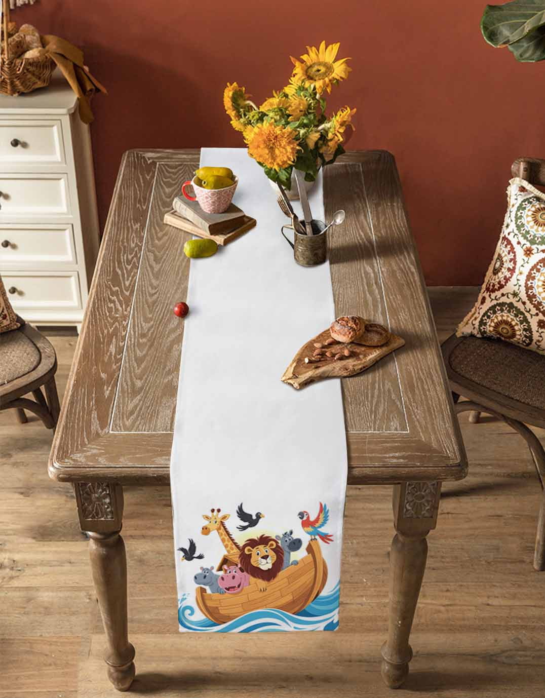 Animals Nautical Burlap Cotton Table Runner 16x72 Inches Long, Cartoon Cute Zoo Boat Aboard Farmhouse Table Runners, Outdoor Dining Tablecloths Decor for Baby Shower/Party/Wedding