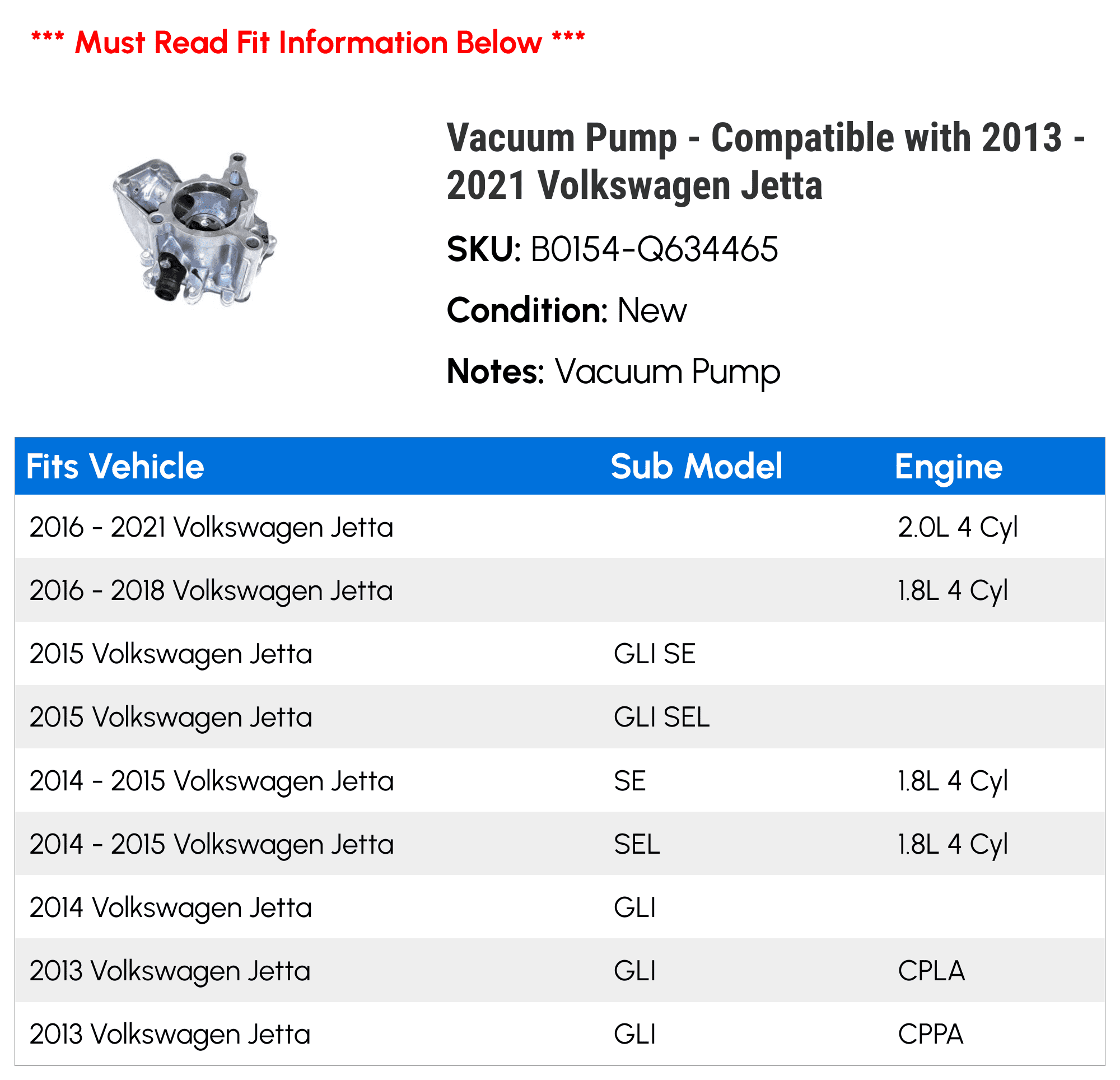 Vacuum Pump - Compatible with 2013 - 2021 Volkswagen Jetta 2014 2015 2016 2017 2018 2019 2020