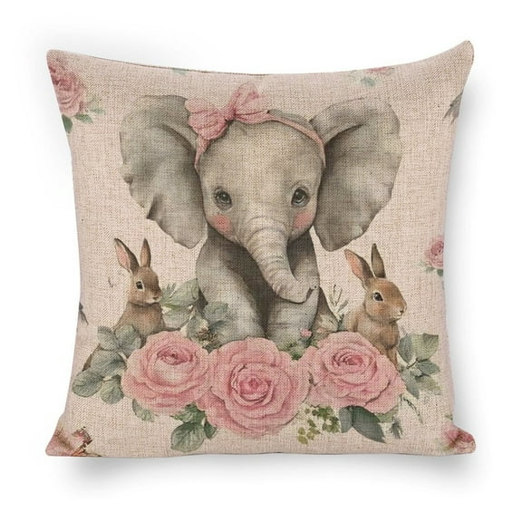 baby elephant pink roses rabbits Linen toss pillowcase decoration pillowcase gifting preferred 18x18 inch cushion cover sofa pillowcase sofa bedroom living room car
