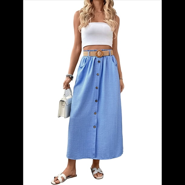 Falda de Mujer con Cinturón, Cintura Alta, Botones y Bolsillos. Azul XL