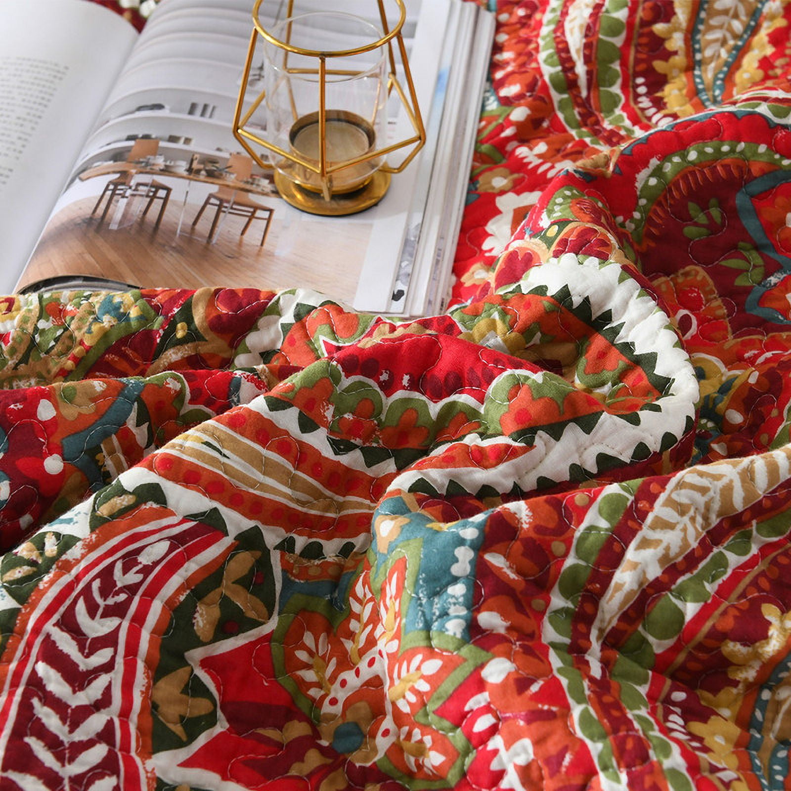 Visimisi 100% Egyptian Cotton Bedspread Quilt Sets Reversible Bedding Coverlet Sets Comforter, Floral Paisley Bedspread (Red, King Size)