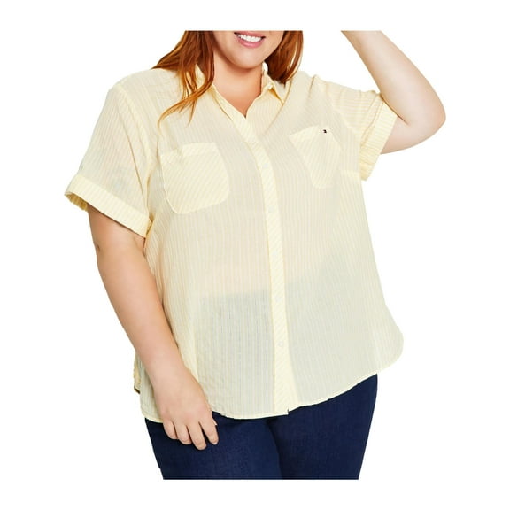 Tommy Hilfiger Womens Plus Dobby Cotton Striped Button-Down Top