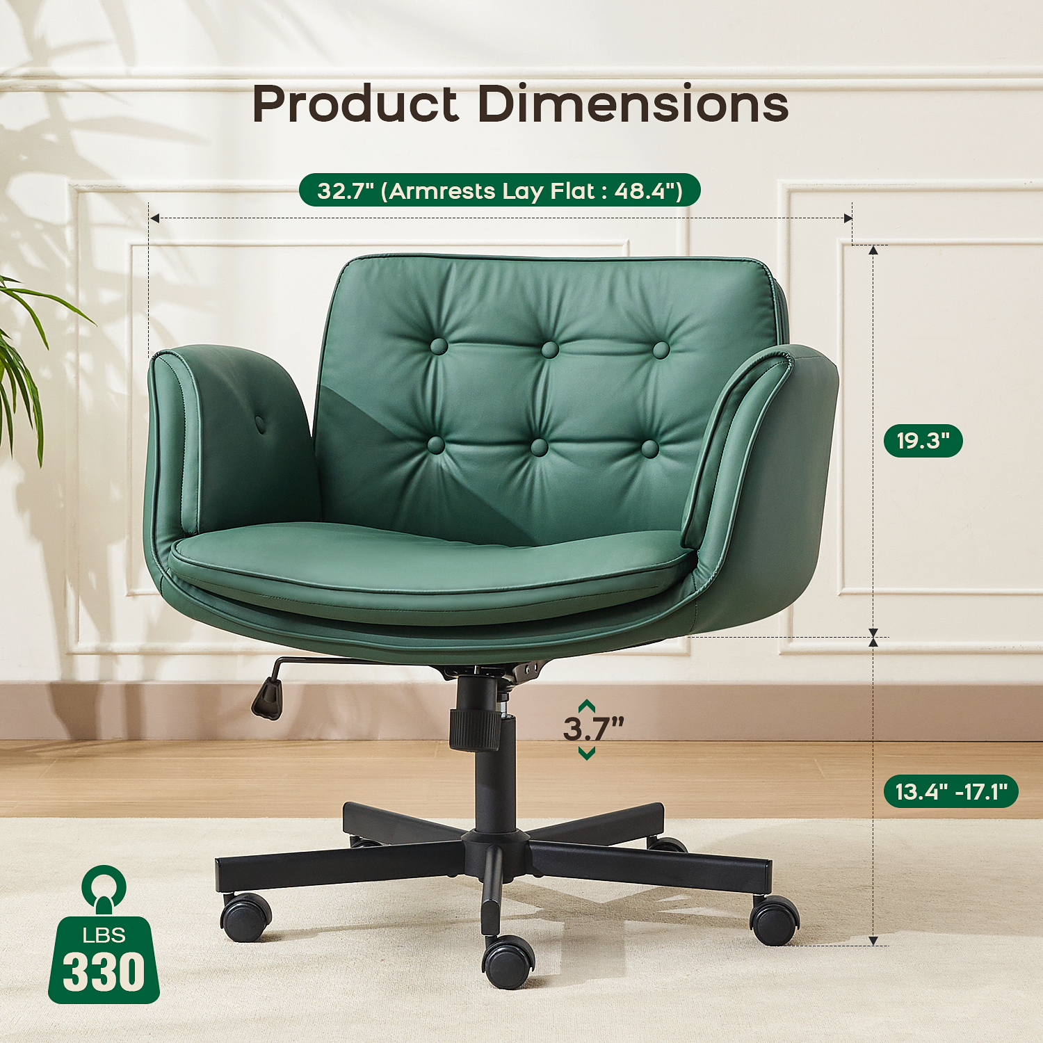 TMV Criss Cross Chair with Wheels & Armrests, Comfy Wide Vanity Chair, PU Leather Cross Legged Desk Chair, Height Adjustable Computer Office Desk Chairs for Home＆Makeup＆Bedroom，Green