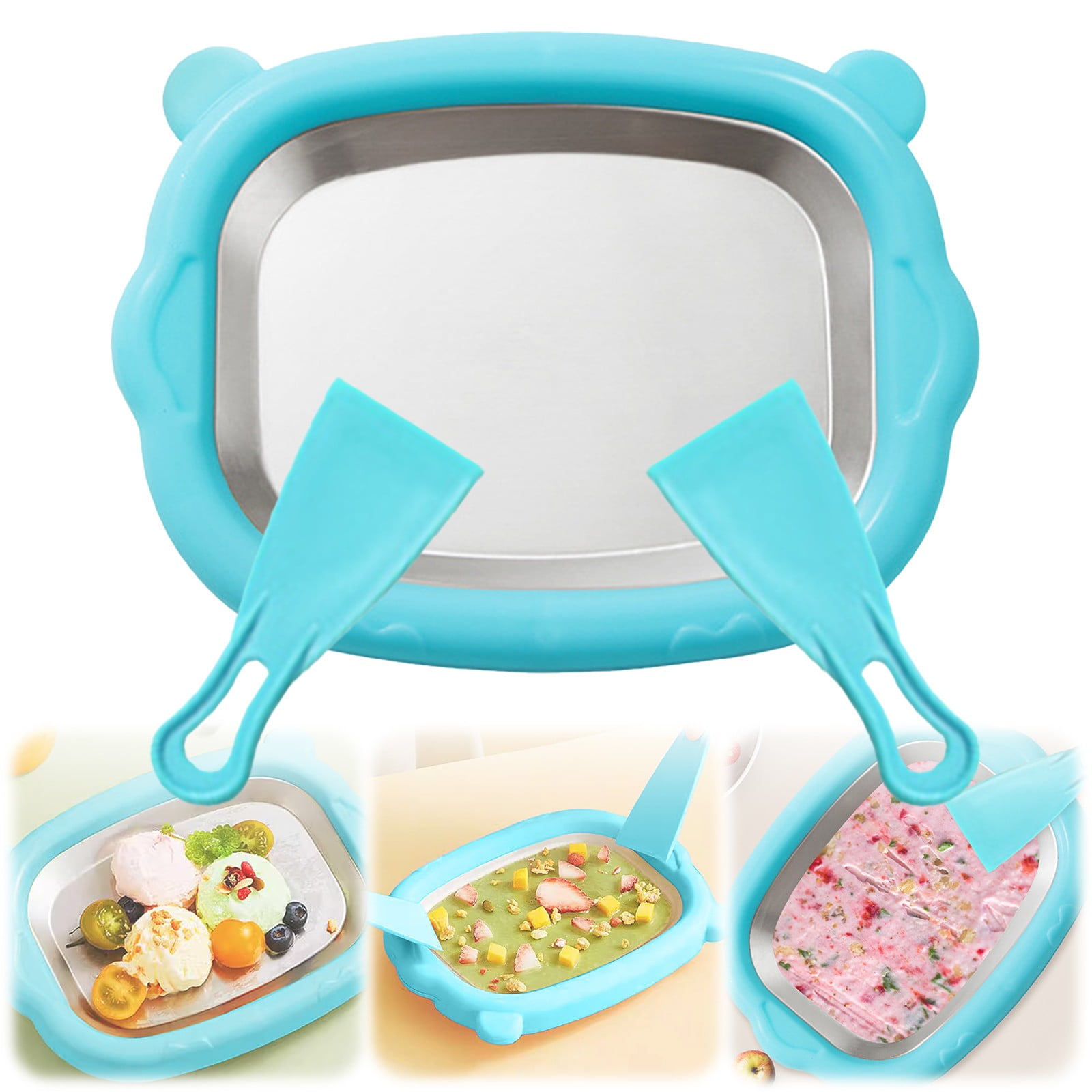 Rolled Ice Cream Maker Kit, Food Grade Stainless Steel Frozen Dessert Maker, At-Home Rolled Ice Cream Machine with Instant Freeze Tray & 2 Scrapers, DIY Rolled Ice Cream Tray(Blue,8.4x6.3")