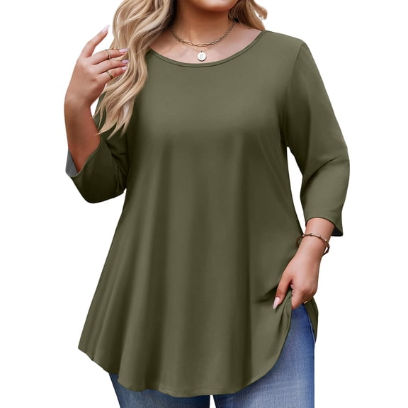 AzureSilk Plus Size Tops for Womens 3/4 Sleeve Tunic Tops Casual Loose Fit Swing Fall Winter T Shirts Blouse Basic Shirts Women's Plus Size, Sizes L-5XL