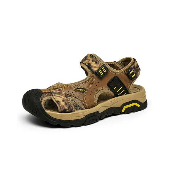 Mens Leather Sandals Summer Outdoor Beach Shoes Lightweight Comfortable Water Sports Hiking Closed Toe Brown 9.5 US