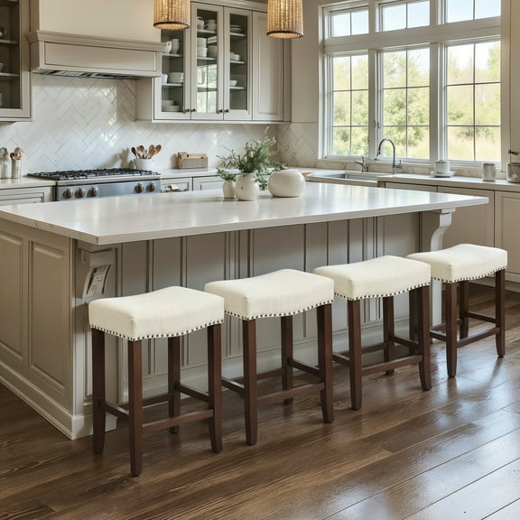 DyFun 24" Bar Stools Backless Modern Counter Stool Chairs Wooden Kitchen Island Stools (Set of 4, Ivory)