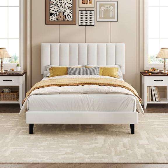 Adjustable Headboard Platform Bed – Linen Upholstered Frame, Supports 1000 lbs, Silent Slats, No Box Spring Required- Full Size, White