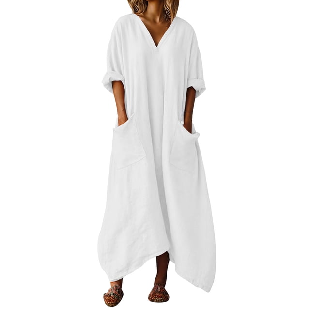 Vestido Casual de Mujer Suelto Cuello en V Manga de Tres Cuartos con Bolsillos Y Borde Irregular Vestido de Lino Mujeres