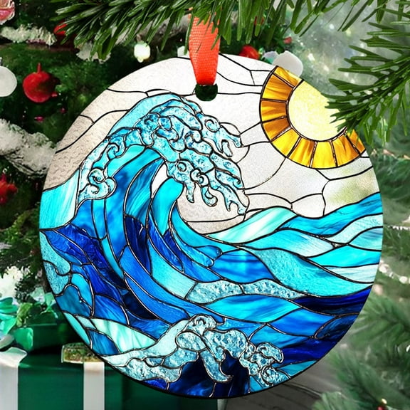 Wave Suncatcher Ornament, Ocean Beach Glass Suncatcher, Coastal Decor, Sea Sunset Glass Art, Blue Ocean Wave Decor, Gift for Sea Lover, Ornament 2025, Holiday 2025, Seasonal