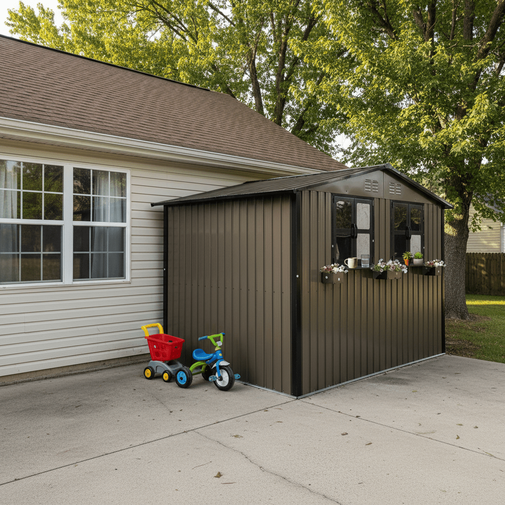 Mintazer 6×9ft Modern Metal Outdoor Storage Shed with Windows & Lockable Doors, Waterproof Weatherproof Garden Shed for Backyard Patio, Brown & Black