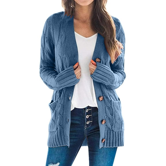 Baberdicy Women's Open Front Cardigan Sweaters Fashion Button Down Cable Knit Chunky Outwear Coats, Cardigan Sweaters for Women Blue, Size: S-3Xl