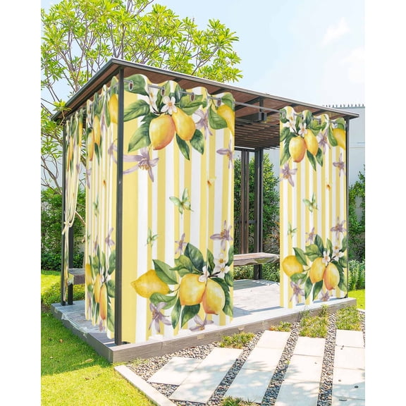 Lemon Flower Outdoor Curtains for Patio, Yellow Vertical Stripes Butterfly Farmhouse Privacy Drapes Grommet Waterproof Outside Curtains for Porch/Cabana/Balcony 54"x 95", 2 Panel