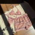 thumbnail image 2 of Hduncf Women's Boho Striped 3 Piece Swimsuit Halter Triangle Bikini Sets with Cover Up Shorts Swimwear Beach Bathing Suit Pink S, 2 of 6