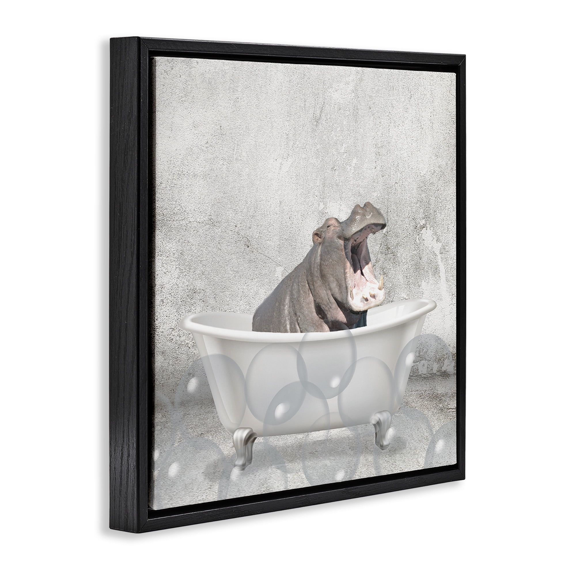 Stupell Industries Baby Hippo Bath Time Animals & Insects Painting Black Floater Framed Canvas Art Print Wall Art, 25 x 25