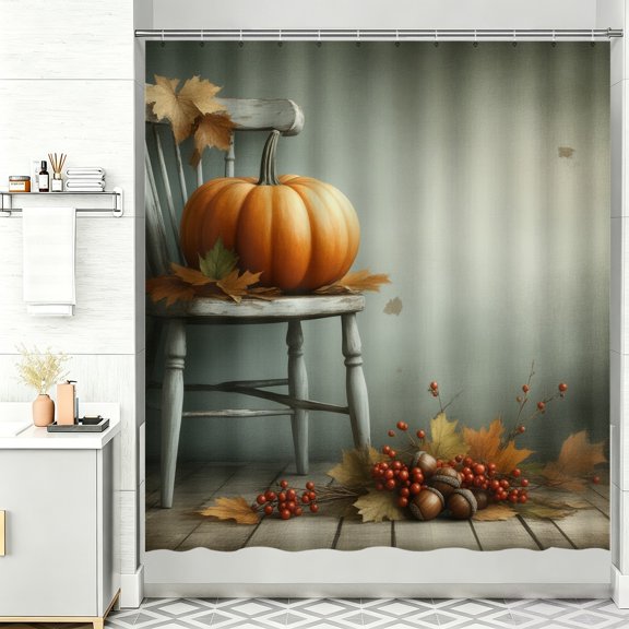 Autumn Shower Curtains for Bathroom A chair with a pumpkin sitting on top of it 72 Inch Shower Curtain Whimsical Shower Curtain