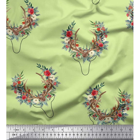 Soimoi Beige Cotton Duck Fabric Antler & Half Wreath Floral Printed Fabric 1 Yard 42 Inch Wide