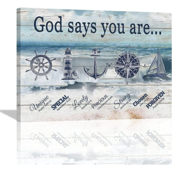 Beach Coastal Ocean Nautical Wall Art Lighthouse Wall Decor God Says You Are Painting Picture Navy Blue Canvas Prints Framed Artwork for Bathroom Bedroom Living Room Kitchen 16"x12"
