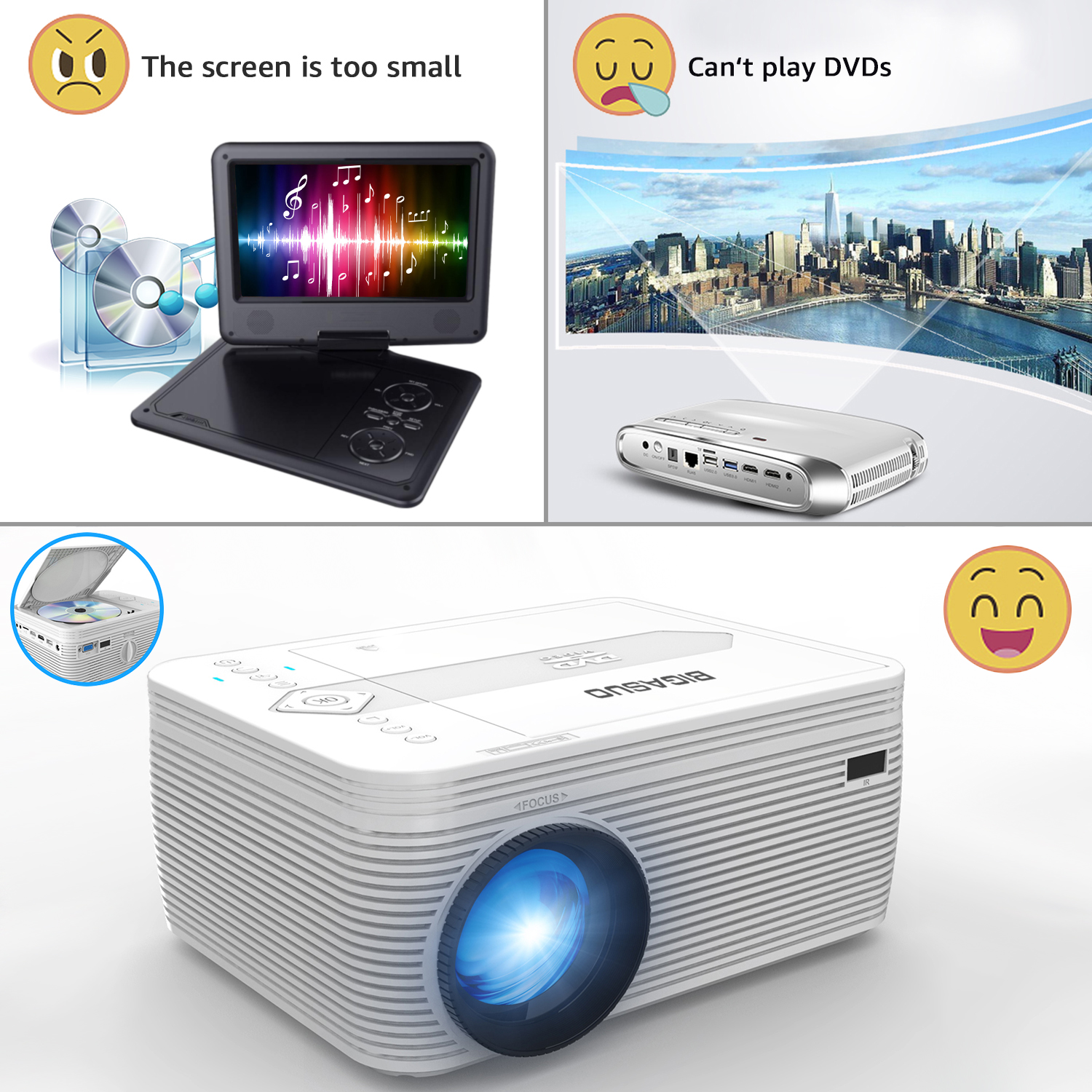 BIGASUO Projector Native 720P, Portable Support 1080P Projector with 55000 Hours Lamp Life, Built in DVD Player, Ideal for Home Theater - image 2 of 6