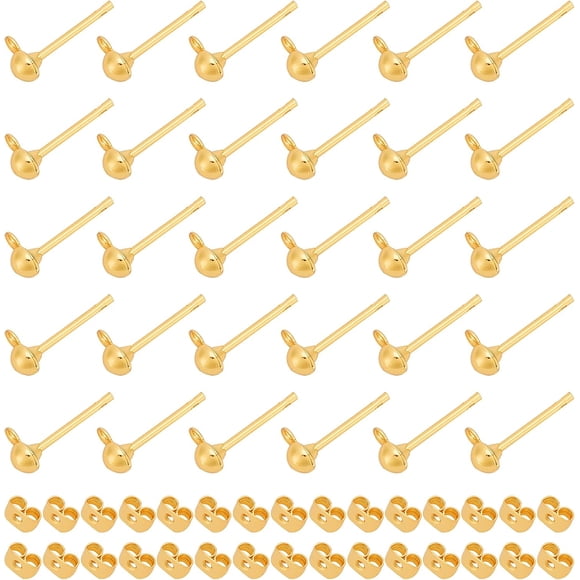 60Pcs 2 Styles Real 18K Gold Plated Brass Ball Post Earrings Stud Earrings not Easy to Allergic Ball Stud Earrings for Jewelry Earring Making Golden