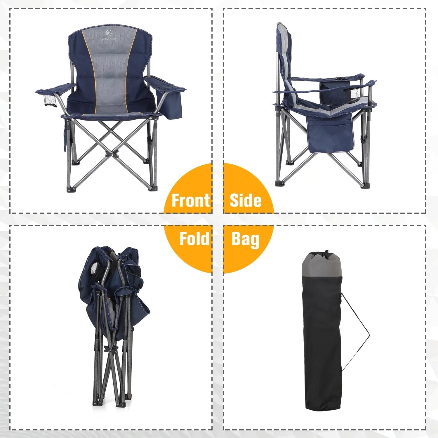MF Studio Oversized Folding Camping Chair Heavy Duty Steel Frame Portable Padded Chairs with Cooler Bag & Cup Holder, Lightweight Lawn Chairs, Blue